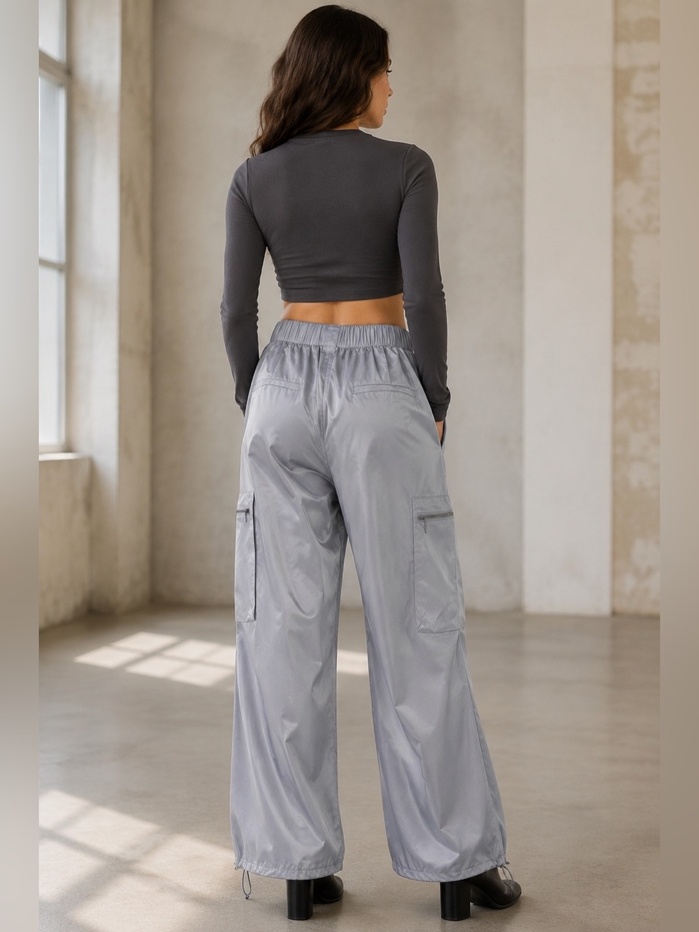 Zara Gray Satin Cargo Parachute Pants Wide Leg Size S - Picture 3 of 14